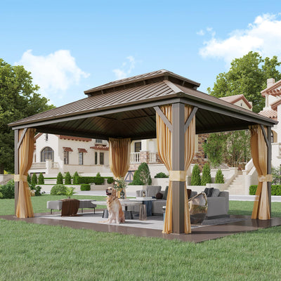 YOLENY 12' x 16' Gazebo Hardtop with Aluminum Frame,Galvanized Steel Double Roof Gazebos with Curtain and Netting,Outdoor Metal Pergolas for Garden, Lawn, Deck, Brown