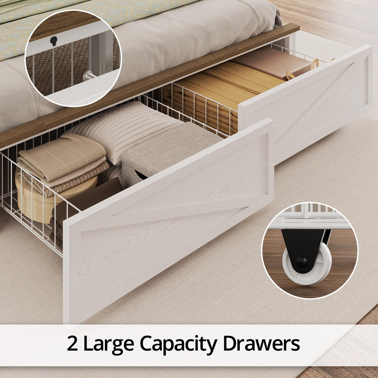 IRONCK Farmhouse Full Size Bed Frame with LED Light and Charging Station, Wood Bed Frame with Storage Headboard and 2 Drawers， Barn Door Design, Sturdy and Noiseless, White IRONCK