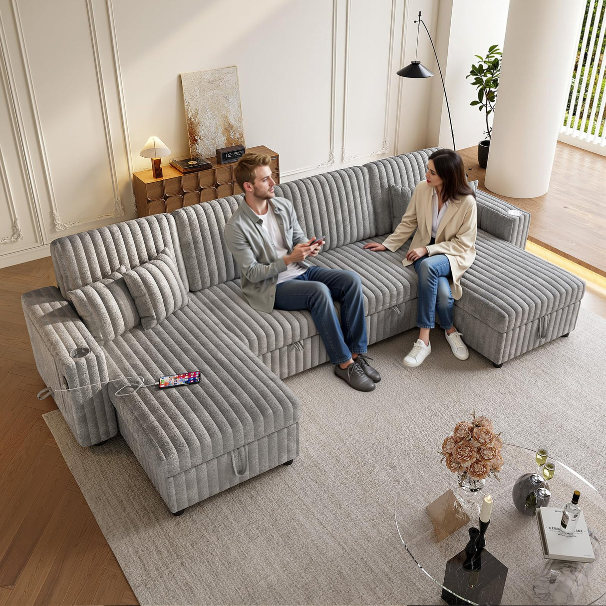 Sleeper Sectional Sofa, 122" Modern U Shaped Couch with Pull Out Bed, Convertible Corduroy Cloud Sofa with Double Storage Chaise, USB, Small Desktop, Comfy Modular Couch for Living Room, Light Grey ZHCREAL