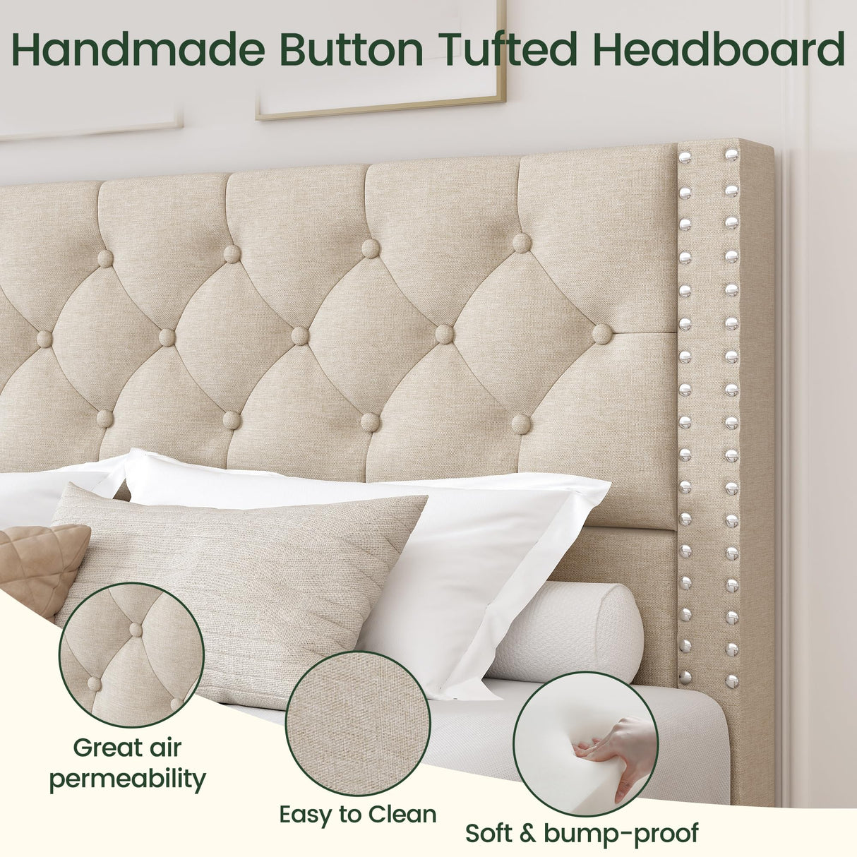 LARMACE Queen Size Bed Frame with 4 Storage Drawers and Tufted Headboard Linen Upholstered Platform Bed Frame with Heavy Duty Wood Slats, No Box Spring Needed, Easy Assembly, Beige LARMACE