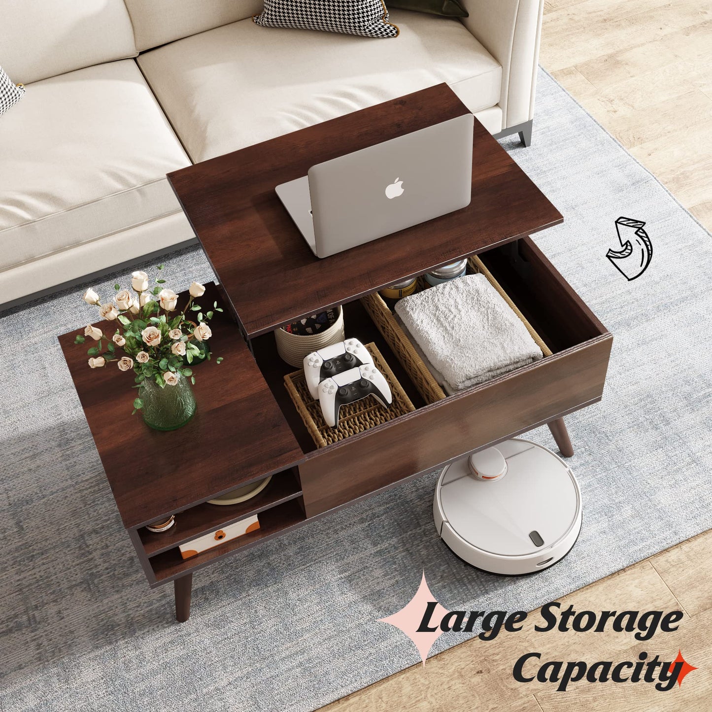 WLIVE Lift Top Coffee Table for Living Room,Small Coffee Table with Storage,Hidden Compartment and Adjustable Shelf,Mid Century Modern, Wood,Cherry,Espresso. - WoodArtSupply