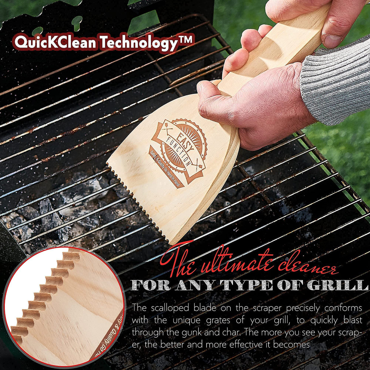 Easy Function Wood Grill Scraper - Wooden BBQ Grill Brush Cleaner Alternative - Enjoy Safe & Bristle Free Barbecue EASY FUNCTION