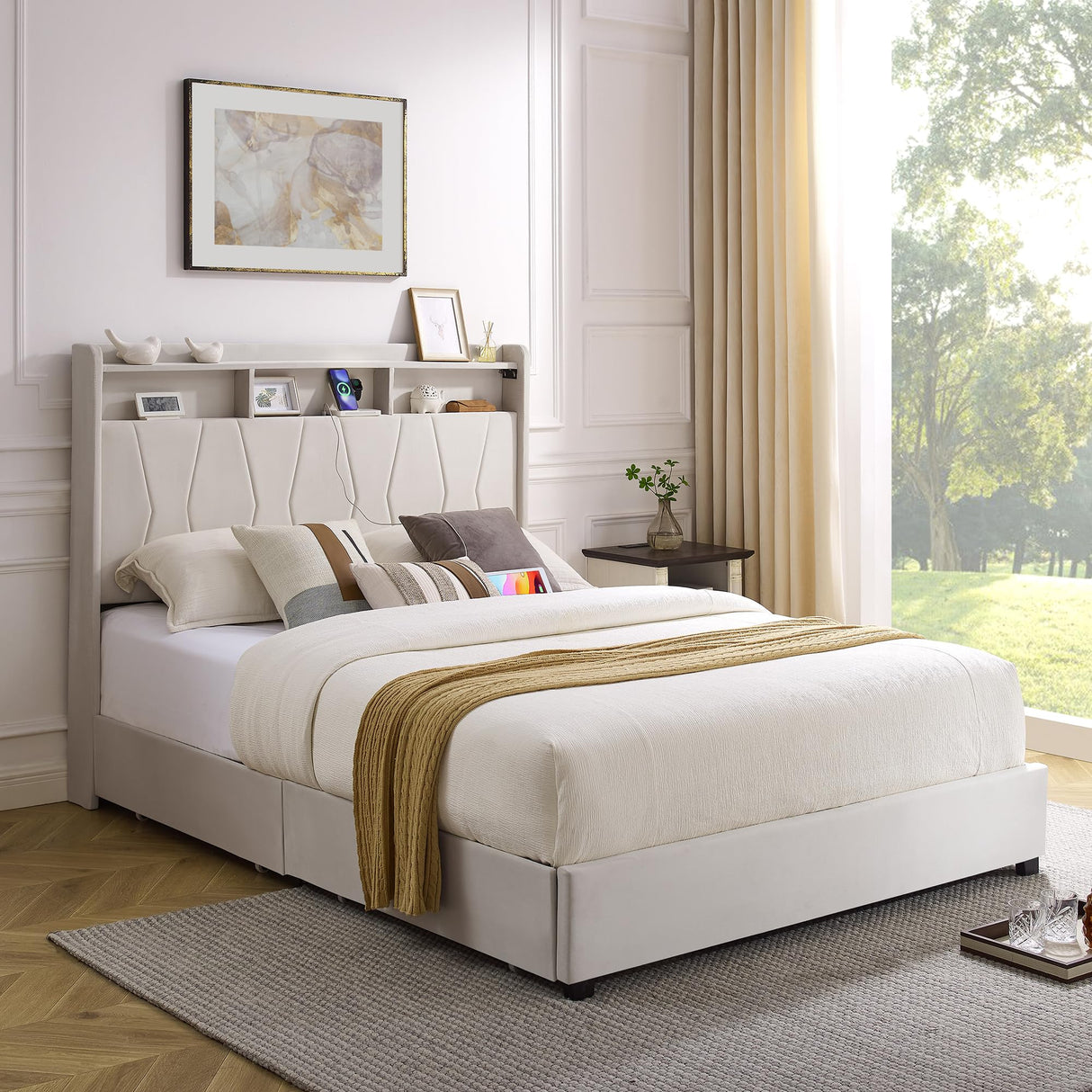 LegacyAmerhome Queen Bed Frame, Velvet Upholstered LED Platform Bed with Headboard Storage, Queen Bed Built-in Charging Station with 4 Drawers, Wood Slat Support, No Box Spring Needed, Beige LegacyAmerhome