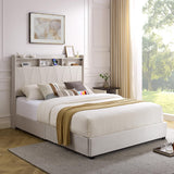 LegacyAmerhome Queen Bed Frame, Velvet Upholstered LED Platform Bed with Headboard Storage, Queen Bed Built-in Charging Station with 4 Drawers, Wood Slat Support, No Box Spring Needed, Beige LegacyAmerhome