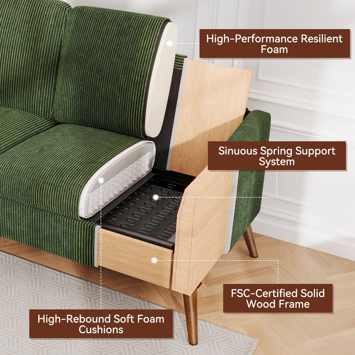 Vipbear 68" Loveseat Sofa - Green, Comfy Corduroy with Spring Cushion, Solid Wood Frame, Modern Deep Seat, Bedroom & Living Room, Office Small Couch Vipbear