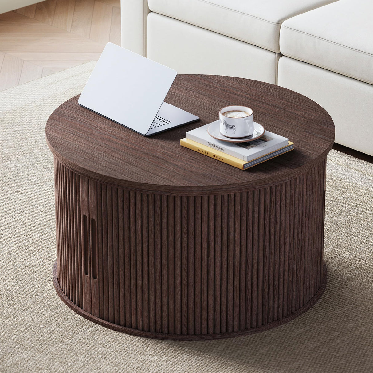 LINSY Lift Top Coffee Table, Round Fluted Coffee Table with Storage, Mid Century Modern Wooden Coffee Tables with Sliding Tambour Door, 31.5" Center Table for Living Room, Office, Small Space, Walnut LINSY
