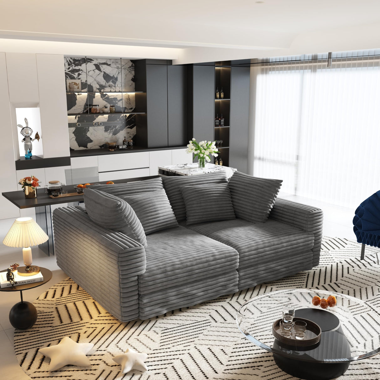 4 Seater Oversized Sectional Sofa with Movable Ottoman, 104" Plush Corduroy Upholstered Cloud Sofa Couches, 2-in-1 Convertible Lounge Sleeper Sofabed w/ 6 Throw Pillows for Living Room Apartment Eafurn