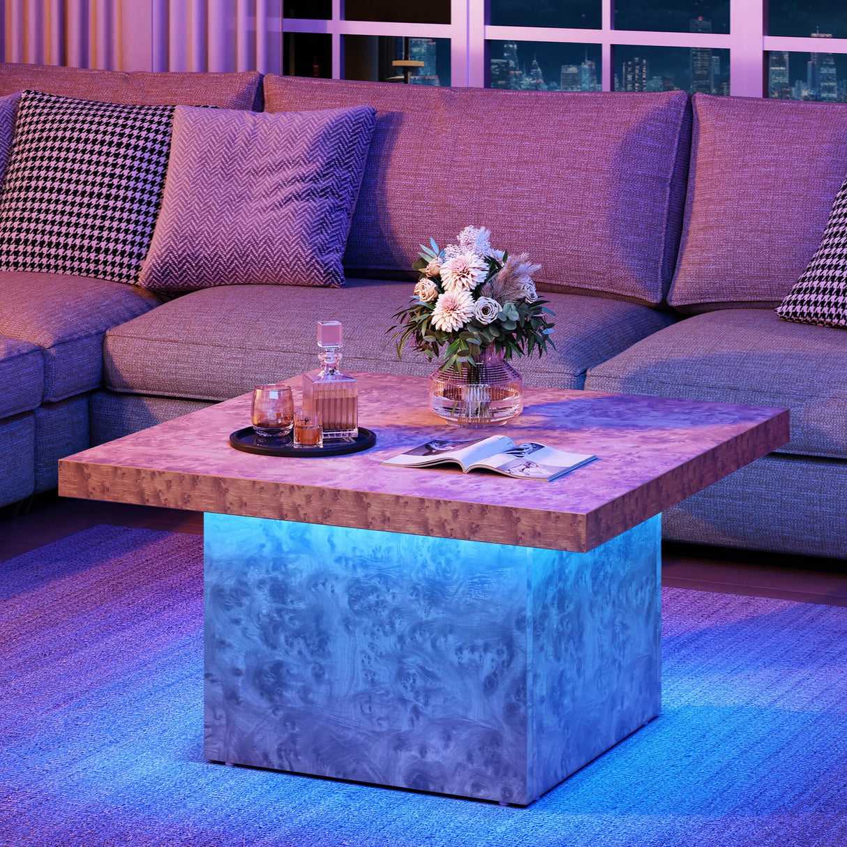 YITAHOME Coffee Table Square LED Coffee Table, Burl Wood Grain Tea Coffee Tables for Living Room/Apartment, Modern Wooden Center Table for Office Decor, Burl Wood YITAHOME