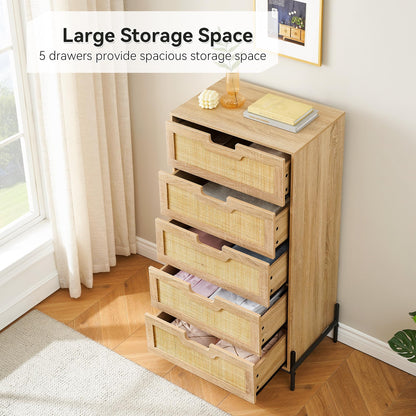 Rattan Tall Dresser for Bedroom, Wooden 5 Drawer Dresser with Ample Cloth Storage Space, Farmhouse Rattan Chest of Drawers, Vertical Metal Leg Dresser for Living Room, Easy Assemble, Oak - WoodArtSupply