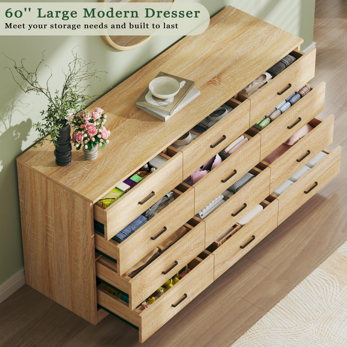 HUAHUU Dresser for Bedroom with 12 Drawers, 60'' Wide Mid Century Modern Dressers, Natural Wood Grain, Chests of Drawers TV Stand, Large Storage Organizer, Closet, Entryway, Natural HUAHUU