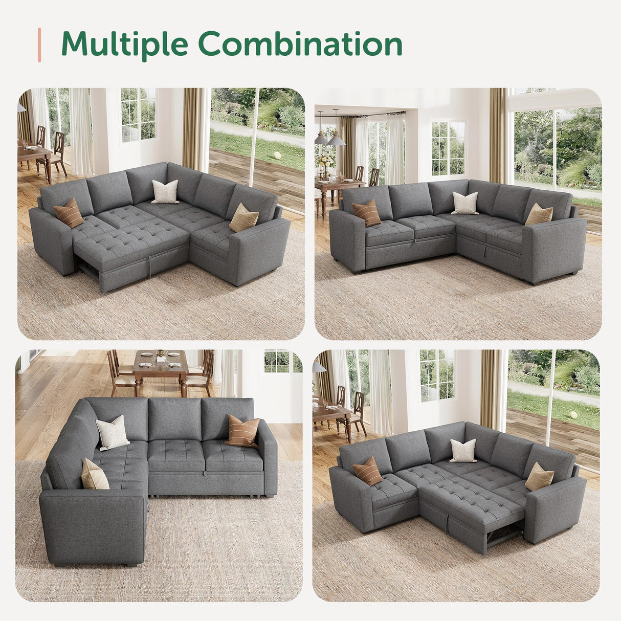 HONBAY Modular Sectional Sleeper Sofa with Pull Out Bed, Linen Convertible L Shaped Sectional Couch with Storage Seat, Sectional Couches for Living Room,Grey HONBAY