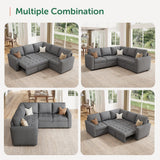 HONBAY Modular Sectional Sleeper Sofa with Pull Out Bed, Linen Convertible L Shaped Sectional Couch with Storage Seat, Sectional Couches for Living Room,Grey HONBAY
