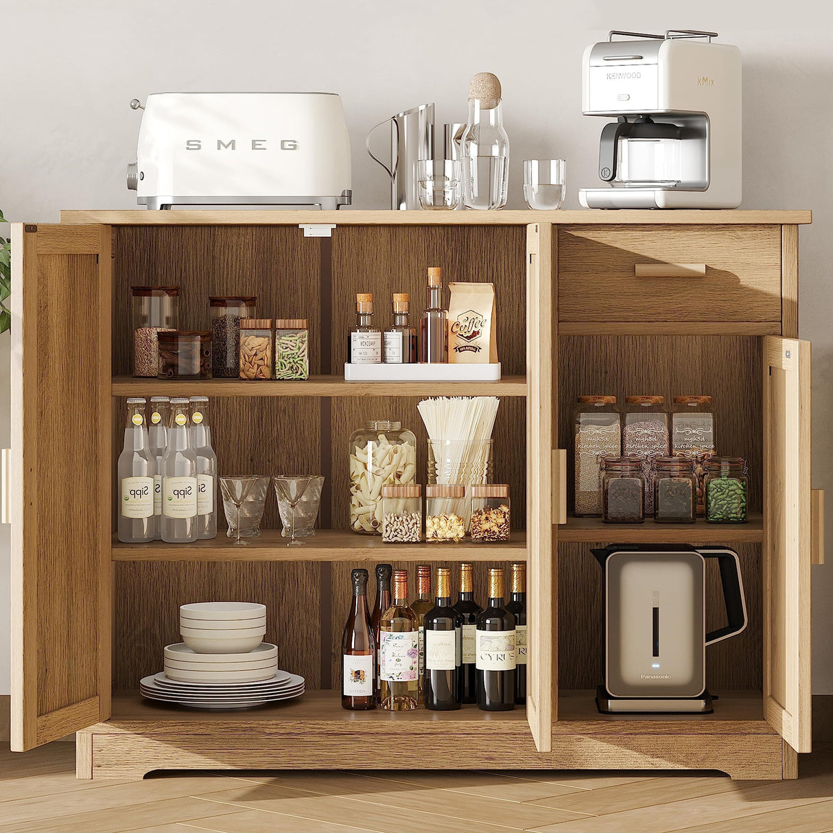 Irontar Kitchen Storage Cabinet, Sideboard Buffet Cabinet with Rattan Decorated Doors, Farmhouse Console Table with Drawer, Coffee Bar, Accent Table for Kitchen, Living Room, Hallway, Natural CWG010M Irontar