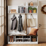 Apeaka Hall Tree with Bench and Storage, Farmhouse 75" H Tall Hall Tree Wood Entryway Shoe Bench with Coat Rack and Storage Shelves for Mudroom, White Apeaka