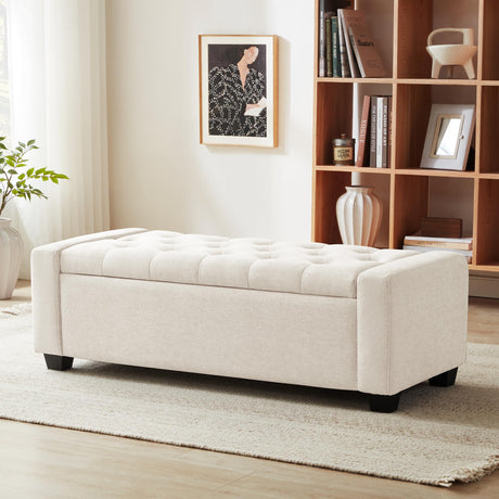Huatean Home Ottoman with Storage, Storage Ottoman Bench with Safety Hinge, Upholstered Storage Bench with Seating for Bedroom, Living Room, Holds up to 330 lb, Beige Huatean Home
