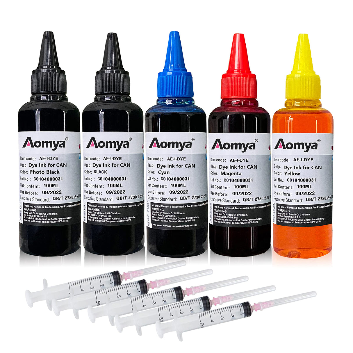 Aomya Ink Refill kit 5x100ml for Canon 250 251 270 271 280 281 1200 2200 PG240 CL241 PG245 CL246 PG210 Refillable Ink Cartridge CIS CISS System with 5 Syringes (PBK, BK, C, M, Y) Aomya