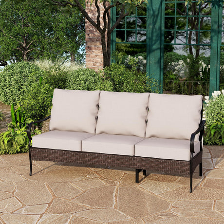 PHI VILLA Wicker & Metal Outdoor Patio Couch,3-Seat Patio Sofa with Deep Seating for Front Porch, Deck, Balcony, Backyard, Sunroom PHI VILLA