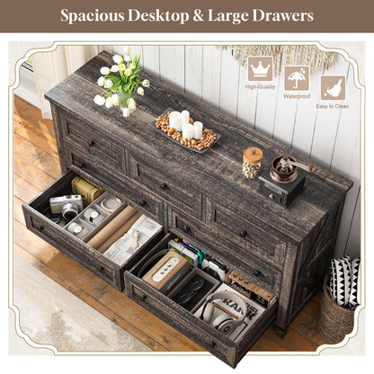 EnHomee Dresser for Bedroom with 7 Drawers Wood Dresser with Smooth Metal Rail Long Dressers & Chests of Drawers Farmhouse Dresser for Bedroom Dresser TV Stand for Bedroom, Closet, Dark Rustic Oak