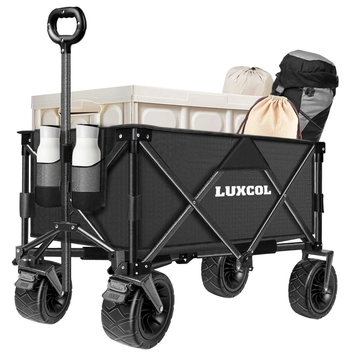 LUXCOL Collapsible Folding Wagon, Heavy Duty Utility Beach Wagon Cart for Sand with Big Wheels, Adjustable Handle&Drink Holders for Shopping, Camping,Garden and Outdoor LUXCOL