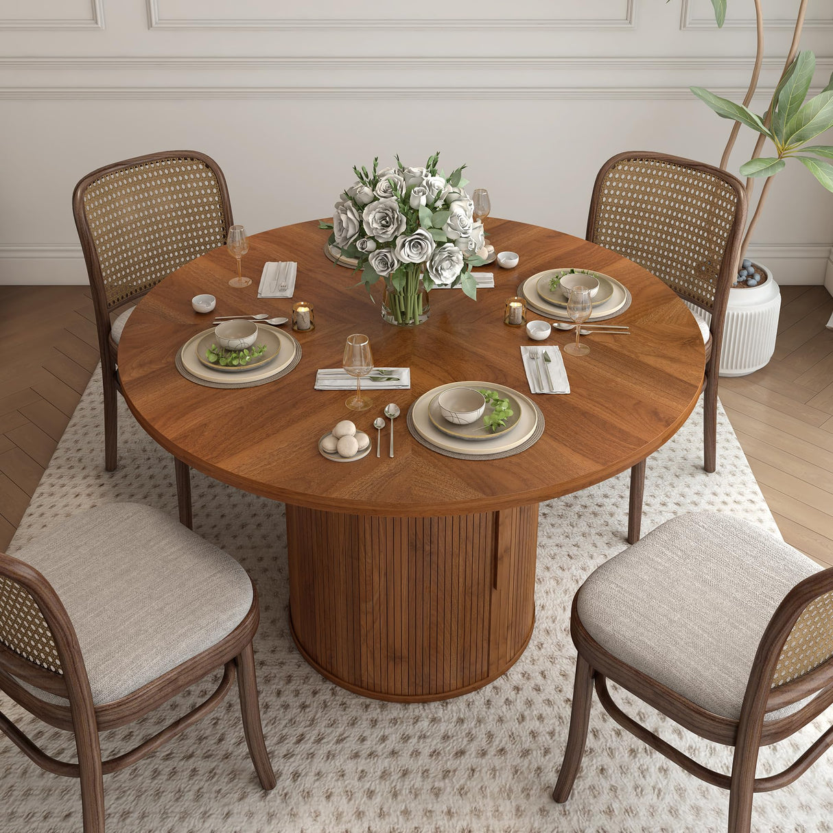 weselon 47 inch Round Dining Table for 4, Kitchen Table Dinner Table with 2-Layer Storage Shelf and Wood Slide Door for Home Dining Room Living Room (Walnut) weselon