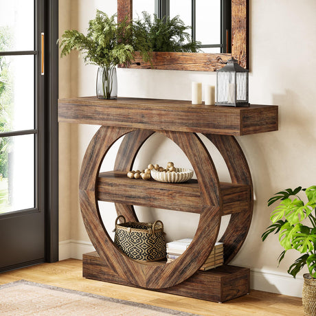 Tribesigns 41.3" Farmhouse Console Table, 3-Tier Sofa Table Behind Couch with Circle Base, Entryway Furniture with Storage Shelves for Living Room, Hallway, Foyer (Rustic Brown) Tribesigns