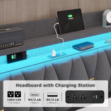 BYSAUD Queen Bed Frame with Storage Headboard & Hidden Storage, Upholstered Bed Frame Queen Size with LED Lights, with Charging Station, No Noise, No Box Spring Needed, Gray, Linen Cloth BYSAUD