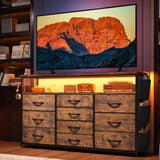 EnHomee Dresser for Bedroom with 10 Fabric Drawers, Dresser with LED Lights & Power Outlets, 55" TV Stand Dresser with Side Pockets and Wood Open Shelves for Bedroom, Entryway, Rustic Brown EnHomee