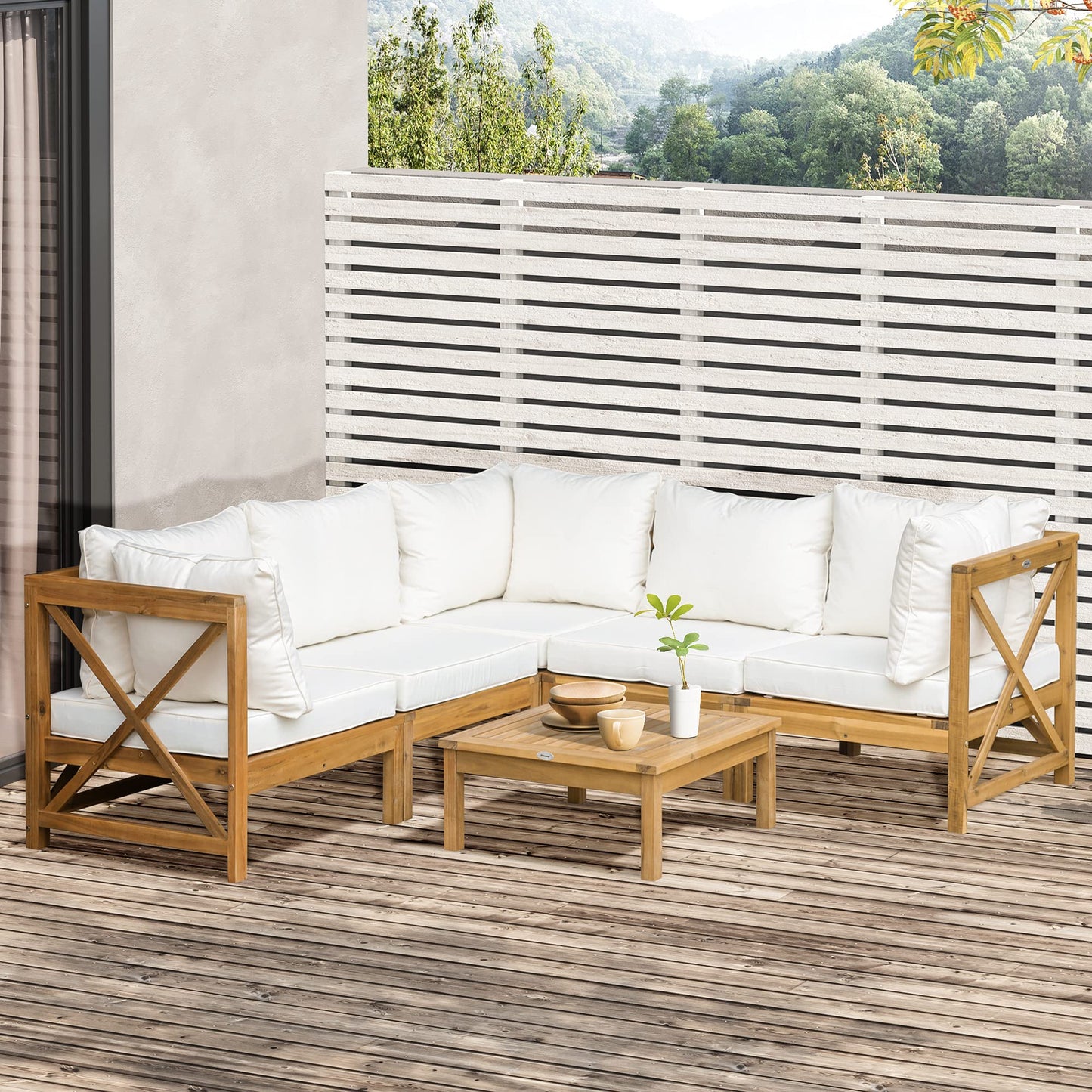 Outsunny 6 Piece Wood Patio Furniture Set, Outdoor Sectional Sofa with Cushions and Coffee Table, Acacia Wood Conversation Set Couch, Cream White - WoodArtSupply