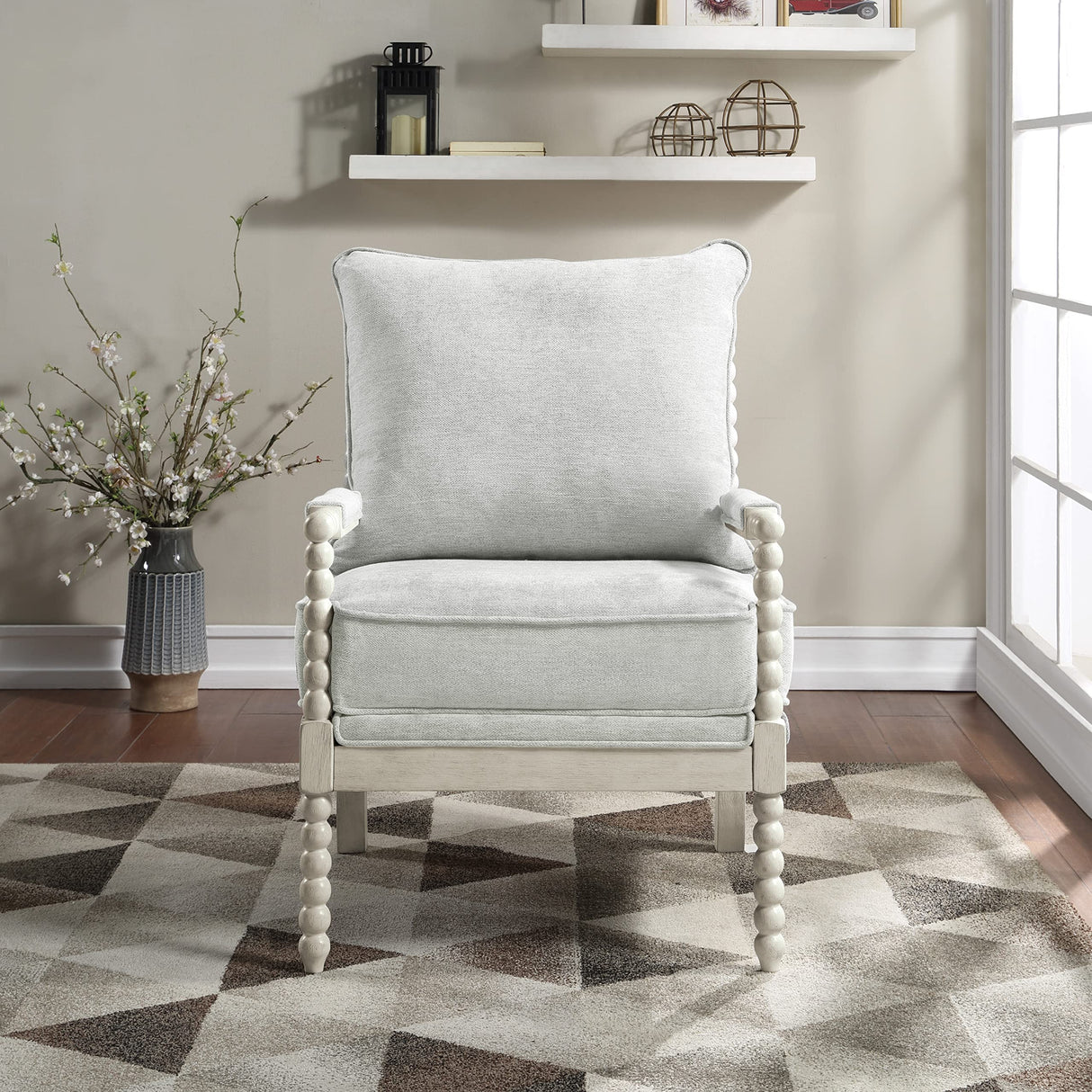 OSP Home Furnishings Kaylee Spindle Accent Chair with Antique White Wood Frame, Smoke Grey Fabric OSP Home Furnishings