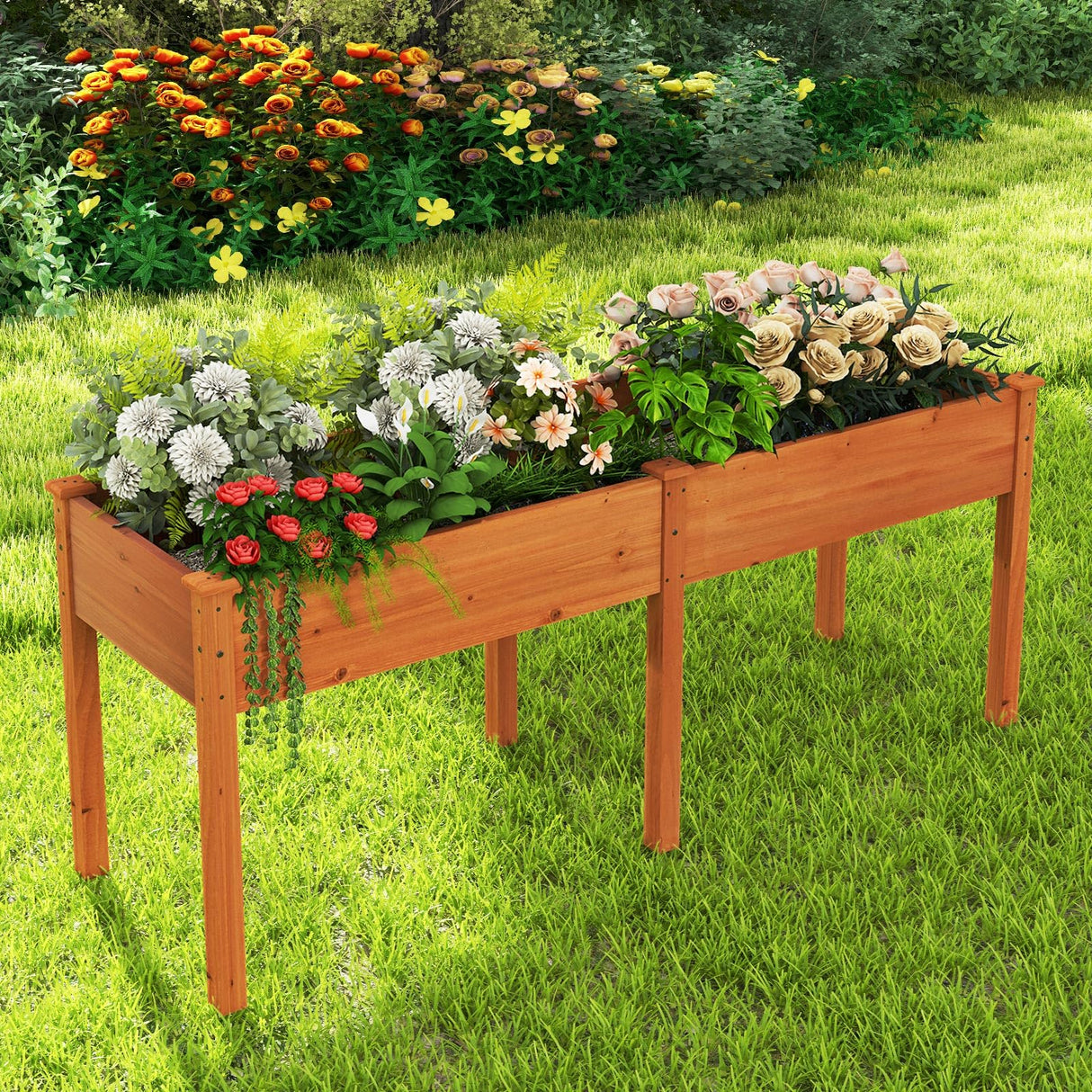 Toolsempire Raised Garden Bed with Legs, Elevated Planter Box with Divider & 8 Drainage Holes, Fir Wood Garden Box for Vegetables, Flowers, Fruits & Herbs (Brown Yellow) Toolsempire