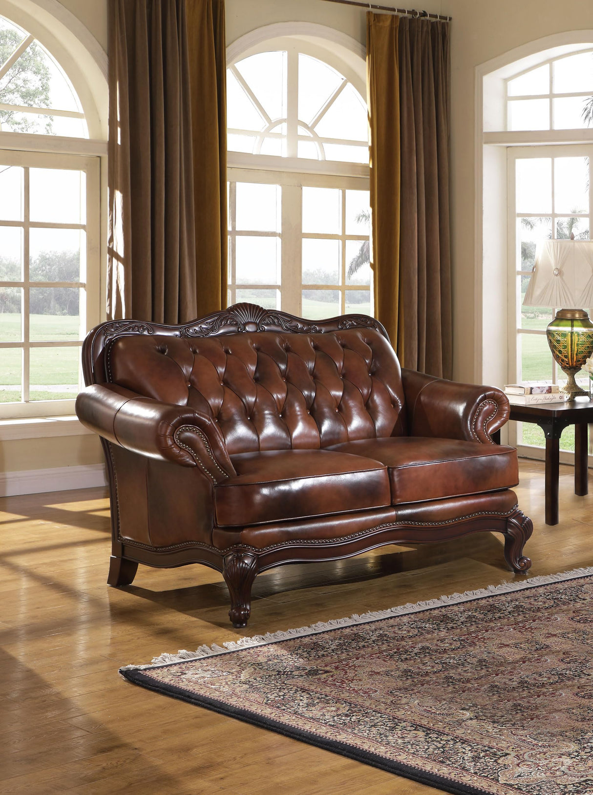 Coaster Home Furnishings - Victoria - Leather & Wood - Upholstered Loveseat with Rolled Arms, Button-Tufted Backrest, and Brass Nailheads - Living Room - Brown - 500682 Coaster Fine Furniture