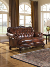 Coaster Home Furnishings - Victoria - Leather & Wood - Upholstered Loveseat with Rolled Arms, Button-Tufted Backrest, and Brass Nailheads - Living Room - Brown - 500682 Coaster Fine Furniture