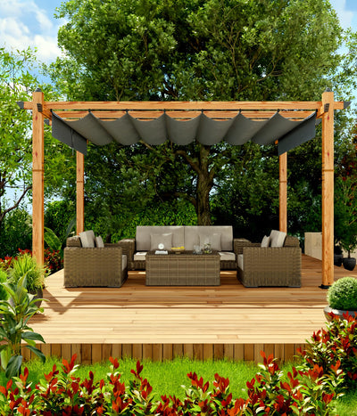 10' X 13' Outdoor Pergola with Retractable Canopy Aluminum Pergola Faux Wood Metal Pergolas Gazebo for Backyard, Deck, Patio, Garden Porch Beach Sun Shade Pavilion Grape Trellis Grill, Gray
