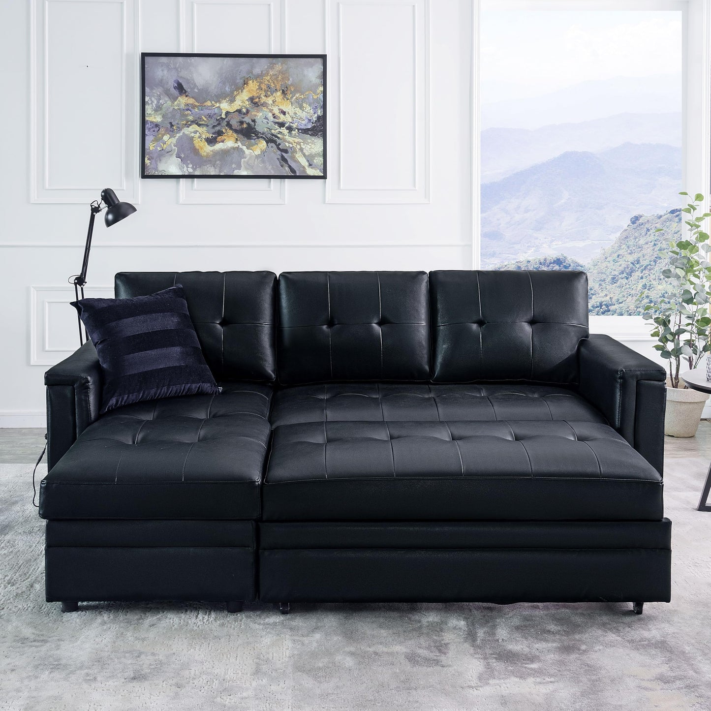 Naomi Home Lily Sectional Sleeper Sofa with USB Ports-L-Shaped Couch Convertible Pull-Out Bed, Ample Storage,Timeless Design,Sturdy Construction,Long-Lasting for Modern Living,Black, Air Leather