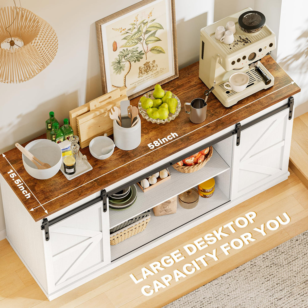 YESHOMY Storage Cabinet, Farmhouse Sideboard Buffet Coffee Bar with Sliding Barn Doors, Shelf for Home Dining Room, White YESHOMY