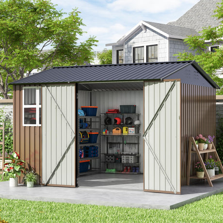 HOGYME 10x10 FT Outdoor Storage Shed, Large Metal Tool Sheds with Updated Frame Structure and Lockable Doors, Garden Shed for Backyard Garden Patio Lawn, Brown HOGYME