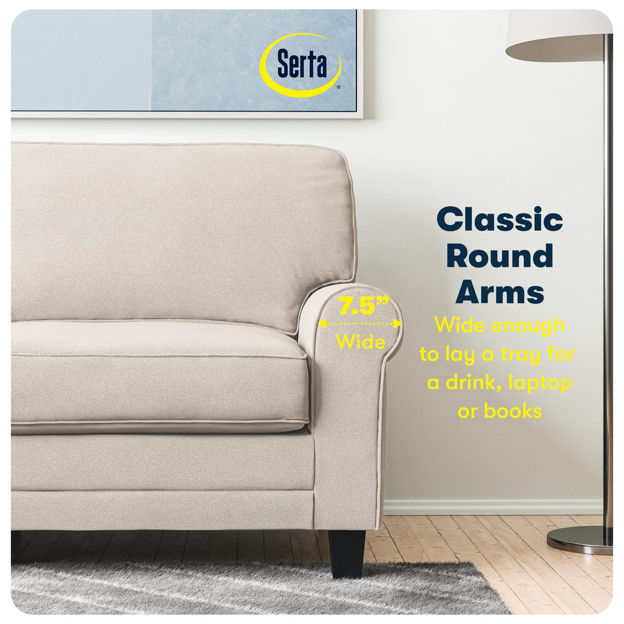 Serta Copenhagen 61" Rolled Arm Sofa, Easy Care Polyester, Soft Pillow Back, Pocket Coil Seat Cushions, Removable Covers, Loveseat or Couch for Small Spaces, Living Rooms or Bedrooms, Cream White Serta