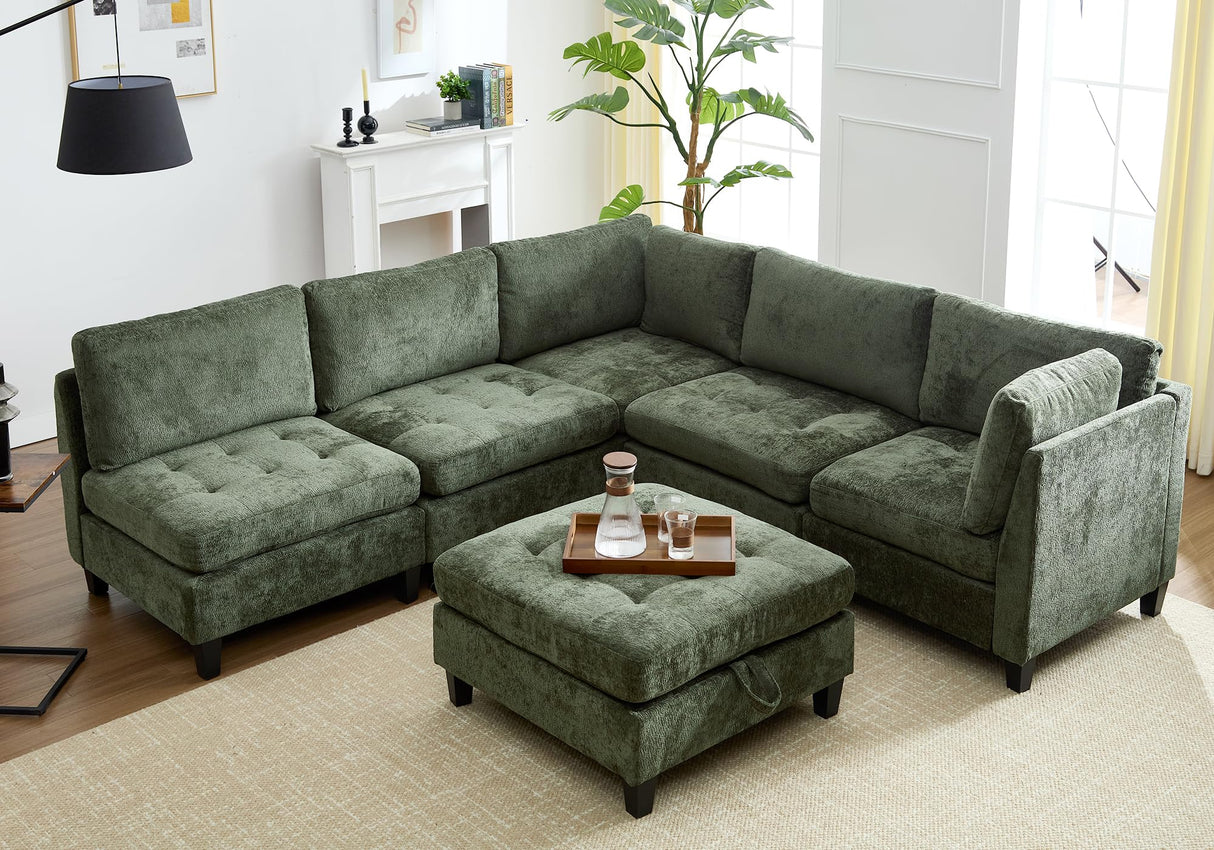 Luxe Oversized Modular Sectional Sofa, Modern Chenille Convertible Sleeper Sofa with Storage Ottoman, Comfy Deep Seat U-Shaped Cloud Couch for Living Room（Green，5-Seater + 1*Ottoman+ Tea Tray） smilesun
