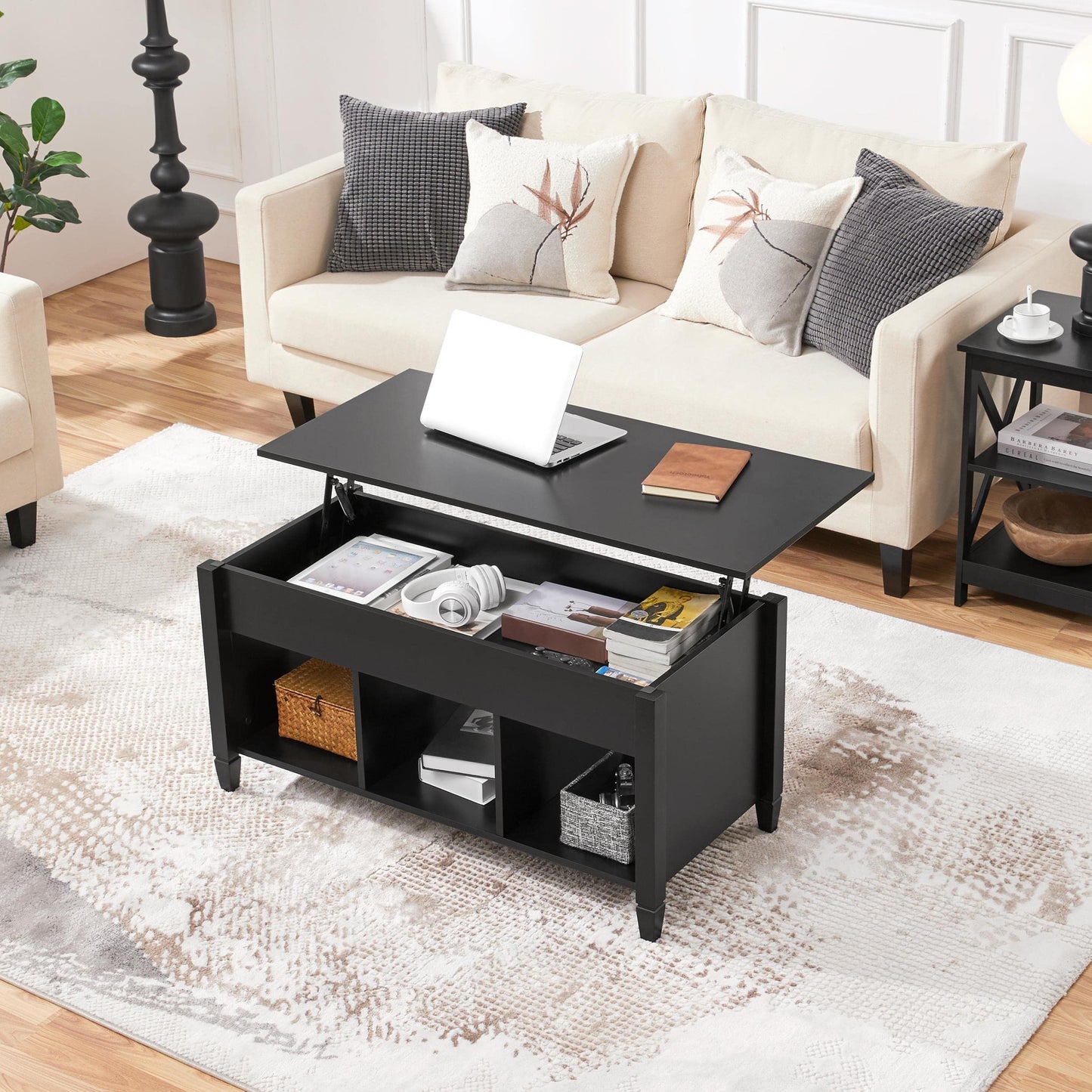 Yaheetech Coffee Table, Lift Top Coffee Table w/Hidden Storage Compartment & Lower 3 Cube Open Shelves, Lift Tabletop Coffee Table for Living Room/Reception Room/Office, Black - WoodArtSupply