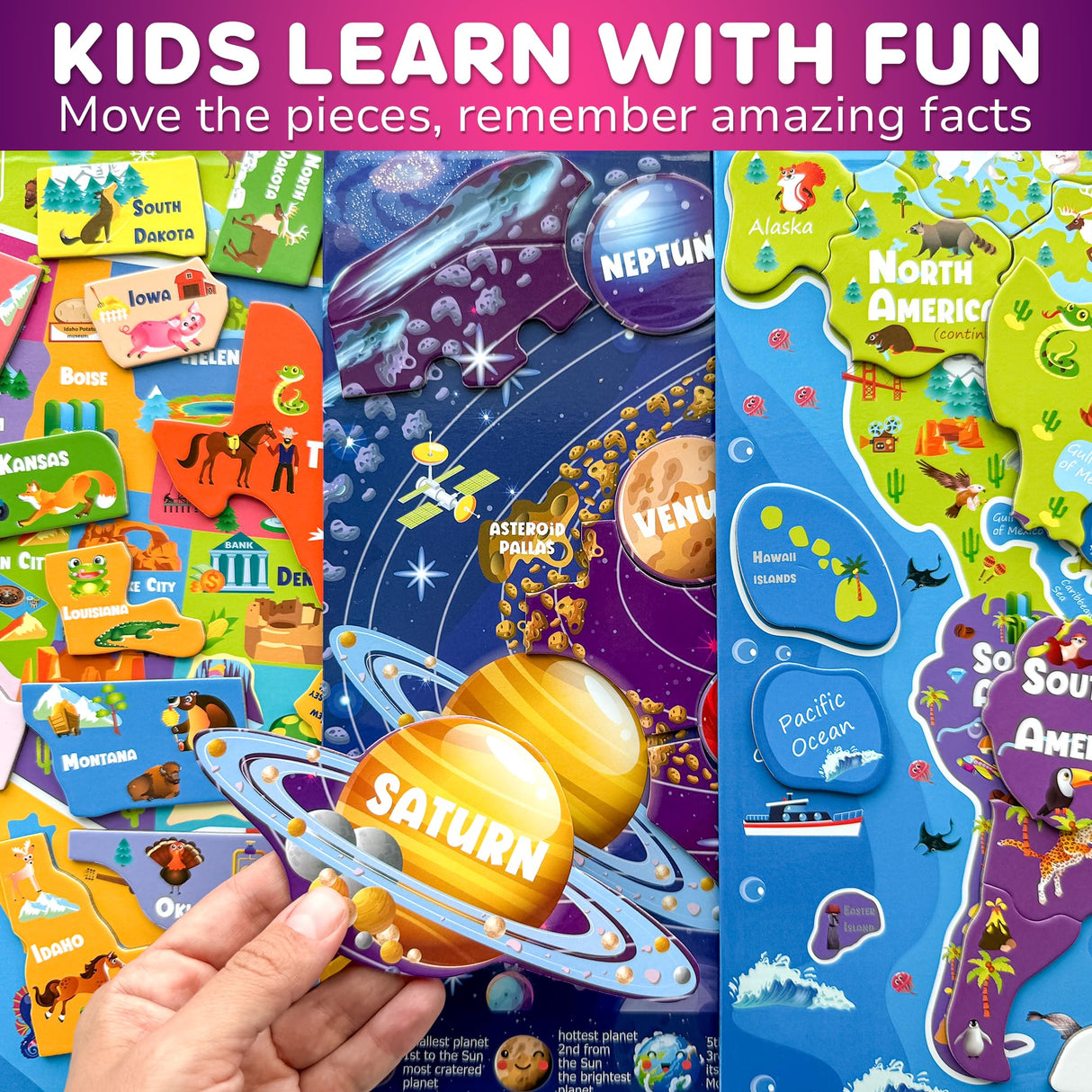 QUOKKA Magnetic Toddler Puzzles Ages 3-5 - 3 Educational Travel Games Puzzles for Kids Ages 4-6 - Space, USA and World Map Learning Toys for Boy and Girl 2-4 Learn United States QUOKKA