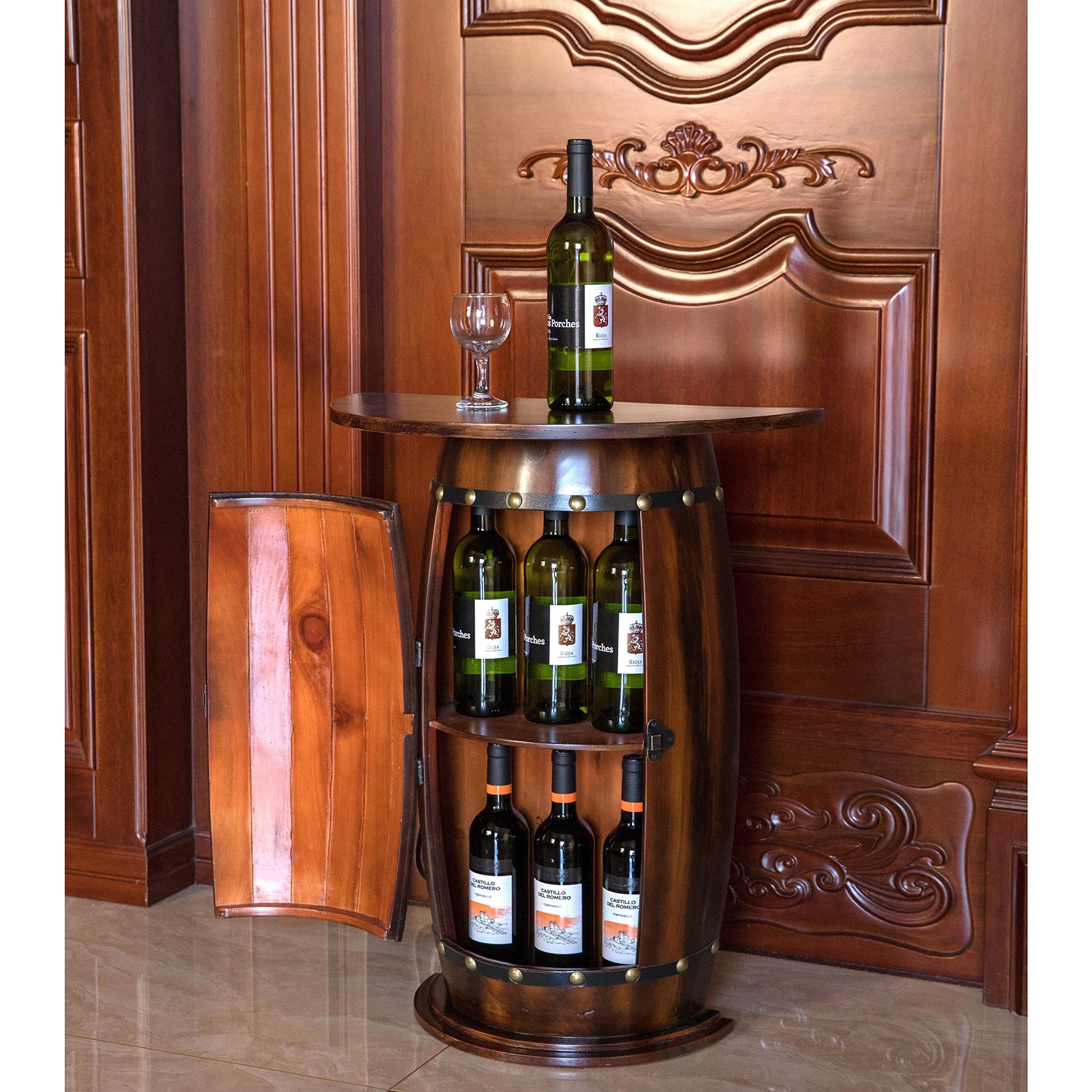 Vintiquewise Wooden Wine Barrel Console, Bar End Table Lockable Cabinet - WoodArtSupply