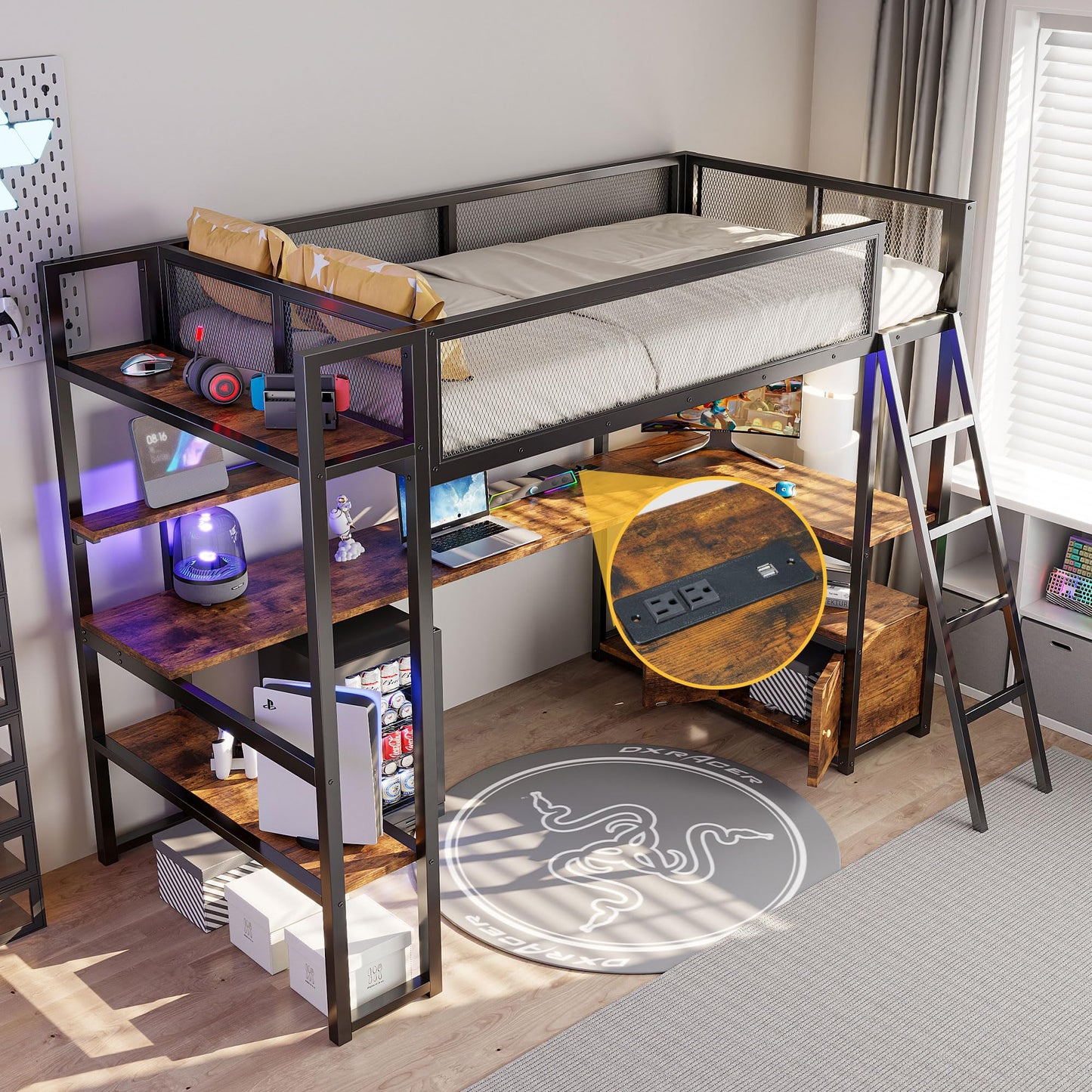 Twin Loft Bed with Charging Station and RGB LED Light, Twin Size Loft Bed with Desk and Storage Shelf, Twin Loft Bed with Door and Full Length Guardrails(Twin Black)