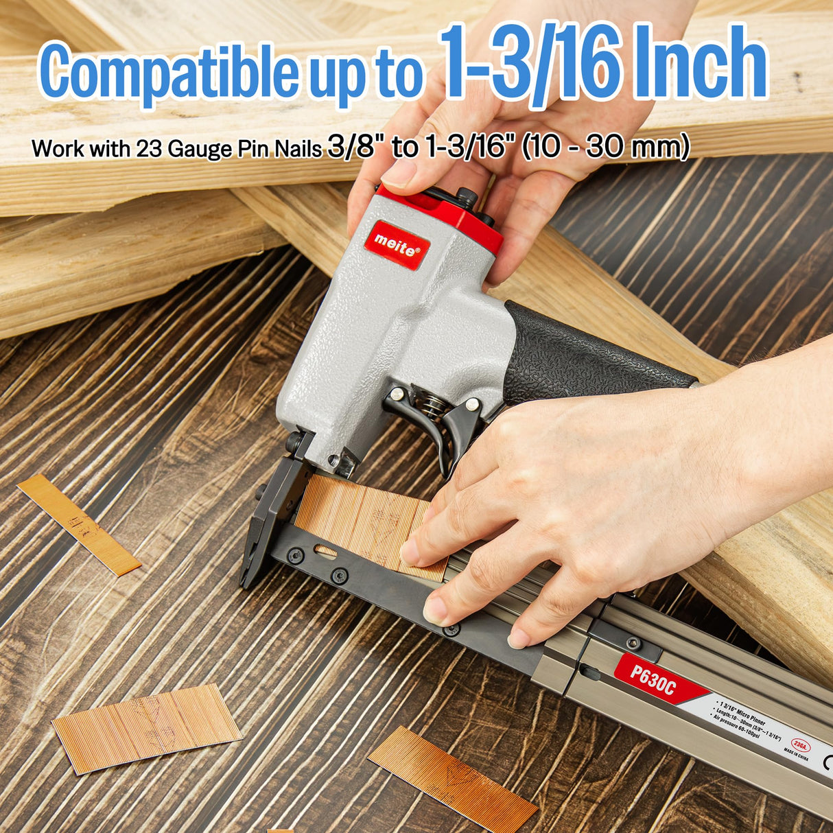 meite P630C Pin Nailer, Pneumatic Micro 23 Gauge Pin Nailer Gun, Accept 3/8-Inch to 1-3/16-Inch 23Ga Pin Nails, Ideal for Cabinets, Paneling, Crafts, Picture Frames meite
