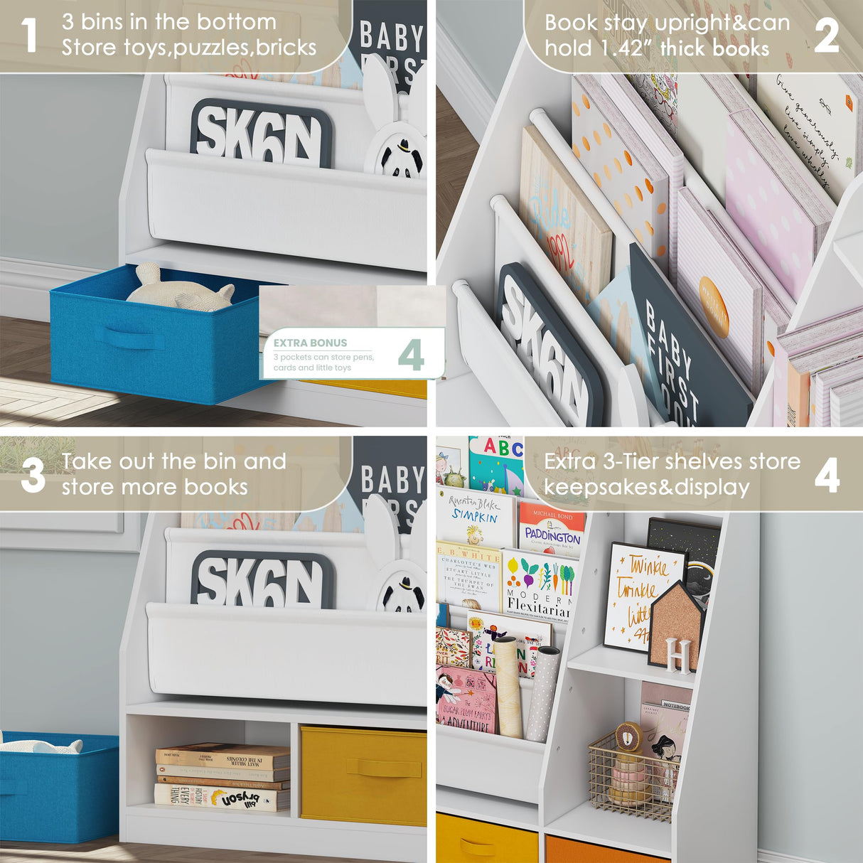 UTEX 5-Tier Kids Sling Bookshelf with Storage Bins, Wood Children Bookcase, Toddler Montessori Book Shelf for Kids Room, Classroom, Bedroom, and Nursery, White UTEX