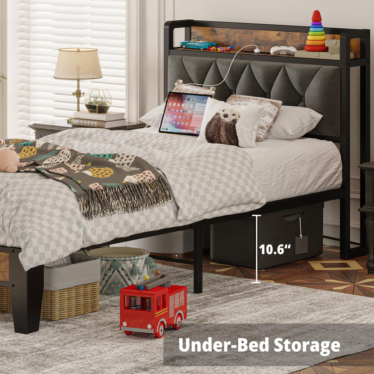 ANCTOR Twin Bed Frames, Storage Headboard with Outlets, Easy to Install, Sturdy and Stable, No Noise, No Box Springs Needed - Perfect for a Good Night's Sleep ANCTOR