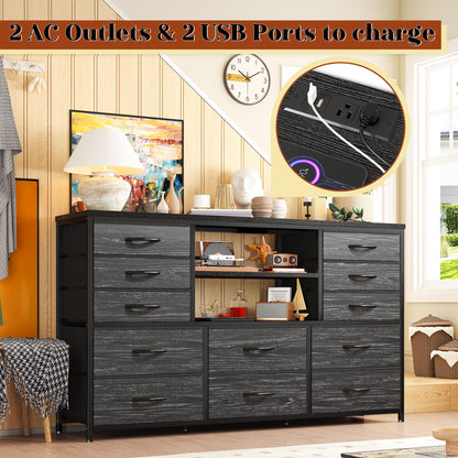 EnHomee Black Dresser with LED Lights & Power Outlets, 12 Drawers Dresser TV Stand for 60''TV for Bedroom Dresser Fabric Dressers & Chest of Drawers, Sturdy Long Dresser for Closet Living Room,Hallway