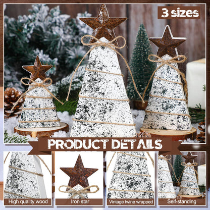 Bucherry 3 Pcs Wooden Christmas Tree Tabletop Decoration Christmas Trees Table Centerpieces Rustic Tiered Tray Decor with Iron Star Hemp Rope for Table Home Decor Xmas Holiday Sign