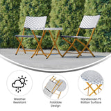EMMA + OLIVER Ciel Three Piece Folding Bistro Set - Navy and White PE Rattan - Natural Finish Metal Frames - Indoor/Outdoor Use EMMA + OLIVER
