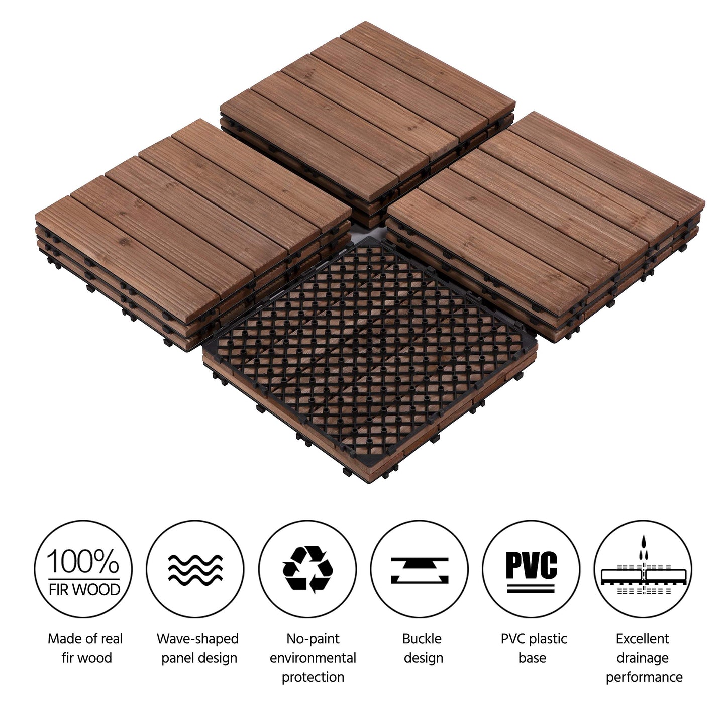 Yaheetech 12 x 12'' Patio Deck Tiles Interlocking Wood Floor Tiles Indoor & Outdoor for Patio Garden Deck Poolside Pack of 11 Tiles Brown