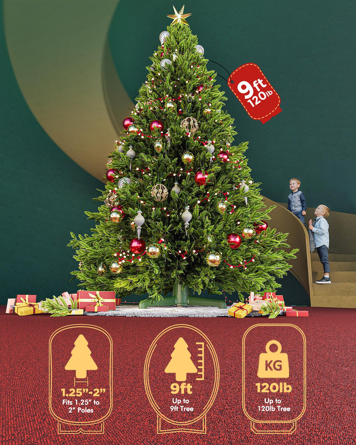 Musical Rotating Christmas Tree Stand, UL Certified Up to 9ft 120 lb Artificial Christmas Tree with Speaker, Spinning Stand with Remote, Fit for 1.25-2" in Tree Poles - 800W Springlift